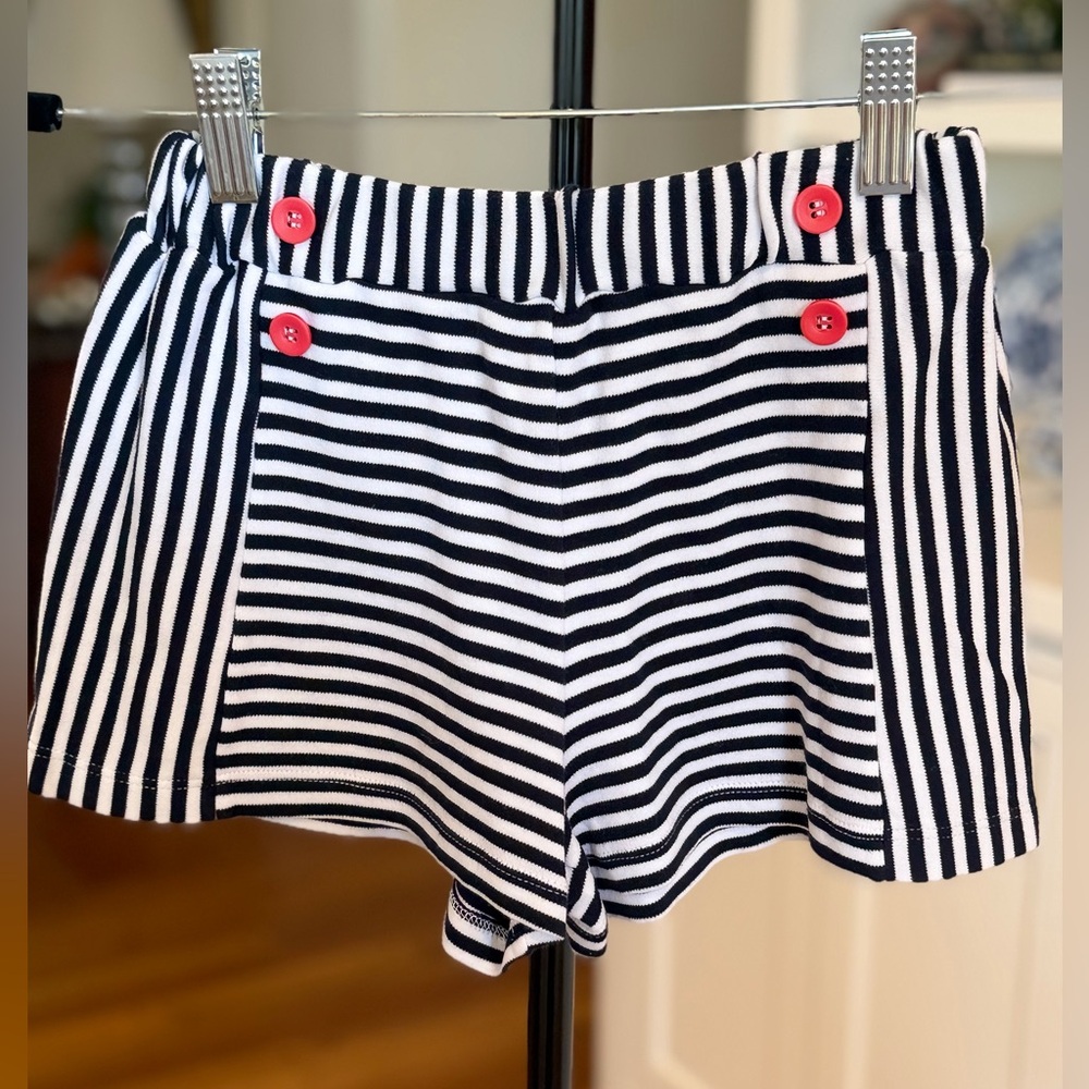 bella bliss Navy & White Striped Button-Front Sailor Shorts with Red Buttons
